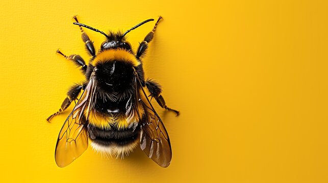 A bee on a yellow background. The bee is in focus and the background is out of focus. The bee is facing the viewer and its wings are spread out.