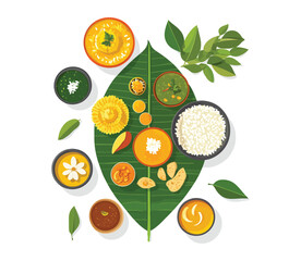 Traditional South Indian Food Served on Banana Leaf with Variety of Dishes