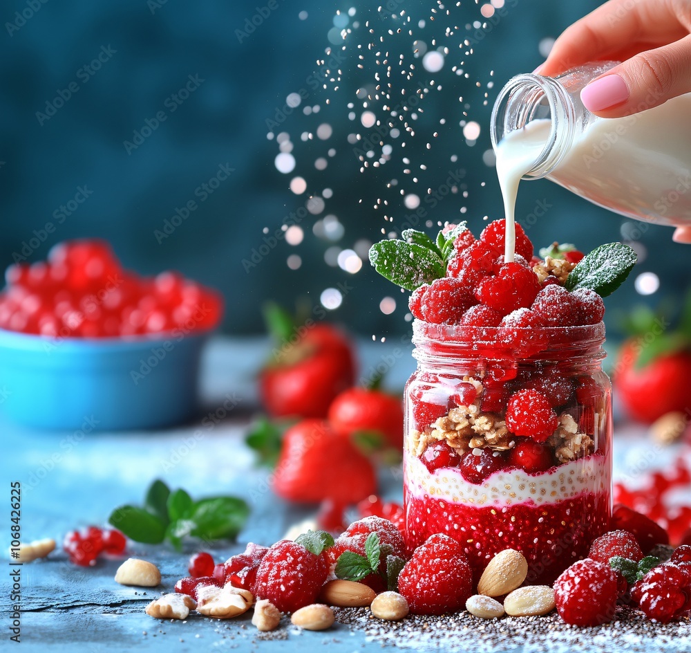 Poster hands pouring almond milk into a bowl of overnight oats topped with chia seeds berries and nuts conv