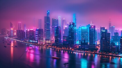 City lights reflecting off river at night. Skyscrapers in background.
