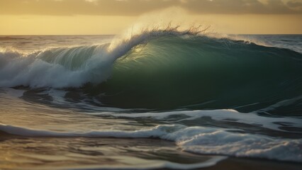 A beautiful wave at sunset, showcasing vibrant colors and dynamic movement. Perfect for nature and ocean-themed projects