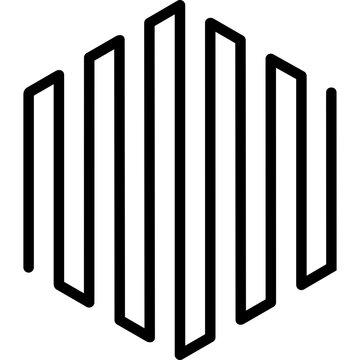 A simple geometric logo design consisting of vertical black parallel lines that create a hexagonal shape against a white background.