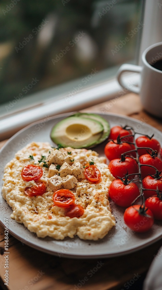 Leinwandbilder a breakfast scene of scrambled tofu with avocado and roasted tomatoes on a ceramic plate creating a 