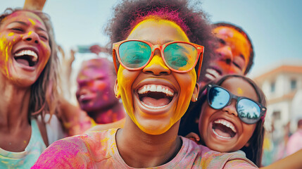 During the vibrant Holi festival, a Black family joyfully throws colorful powders in the air, celebrating unity and happiness while surrounded by laughter and color