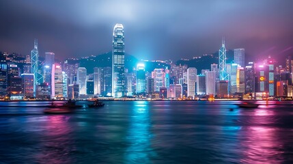 Fototapeta premium A stunning view of a modern city at night. The city is full of skyscrapers and lights, and the river in the foreground reflects the city's beauty.