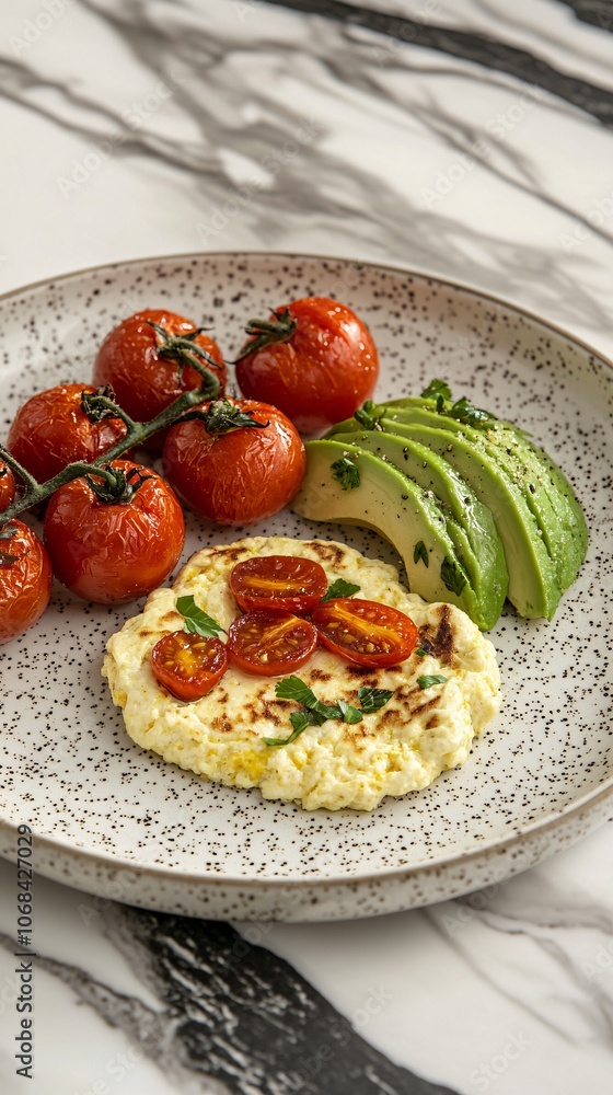 Aufkleber a breakfast scene of scrambled tofu with avocado and roasted tomatoes on a ceramic plate creating a 
