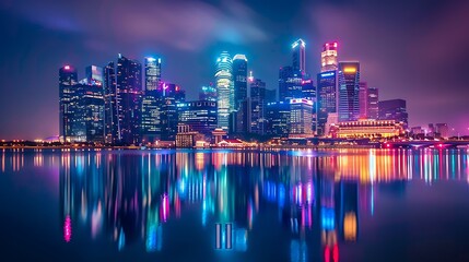 Naklejka premium Cityscape of a modern city with skyscrapers and lights reflecting in the water below.