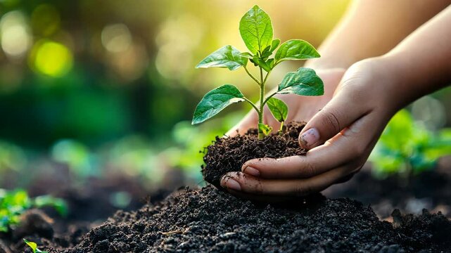 A person plants a young sapling in the ground, surrounded by rich, dark soil