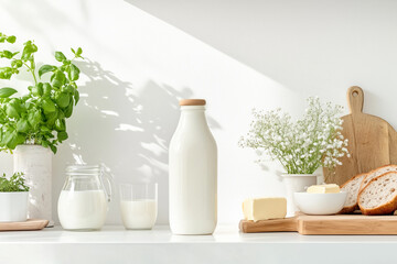A serene still life featuring a bottle of milk, butter, and bread. Soft background with a natural aesthetic