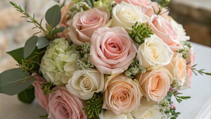 Obraz premium Elegant bridal bouquet featuring soft pink and white roses with eucalyptus leaves, resting on a stone surface, evoking a romantic and natural ambiance, ideal for outdoor weddings and bridal photograph