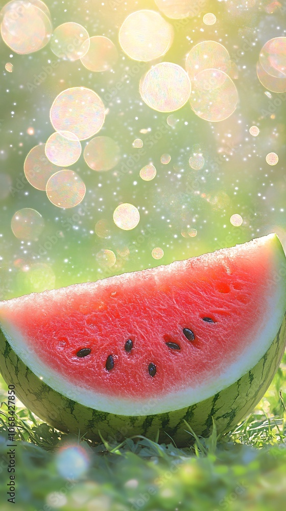 Poster a freshly cut slice of watermelon with a bright summer background highlighting refreshing seasonal f