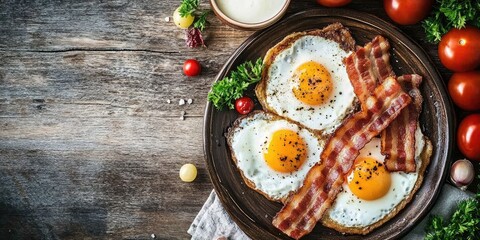 A classic American breakfast or brunch featuring crispy bacon, sunny side up fried eggs, grilled tomatoes, white grape juice, and a creamy sabayon sauce against a rustic wooden backdrop.