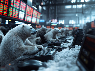 A surreal image of polar bears actively participating in stock market trading, symbolizing the unpredictable nature of finance and the human-animal intersection.