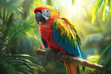 Obraz premium Vibrant Majestic Macaw: A Stunning Display of Nature's Colors Amidst Lush Tropical Foliage