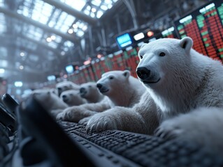 A dreamlike scene depicting polar bears diligently working in a financial trading environment, conveying the uniqueness and whimsy of such a crossover event.