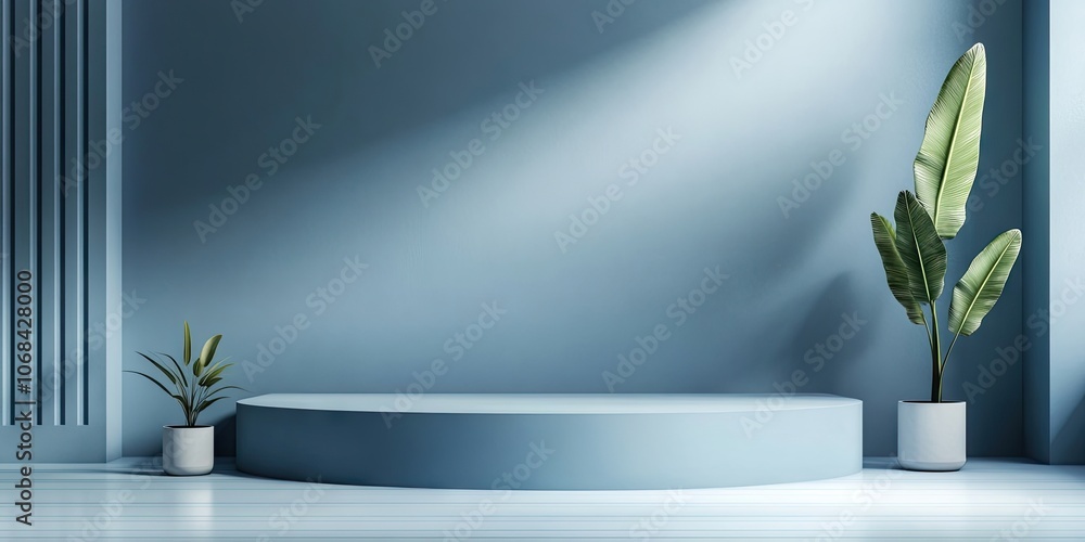 Poster vacant blue minimalist podium setup for showcasing product mockups. a simple, empty display perfect 