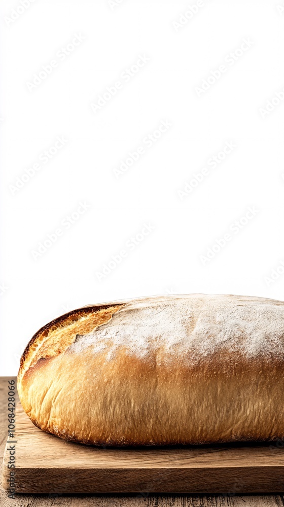 Poster A golden-brown sourdough loaf with a crispy crust displayed on a wooden board representing artisanal baking with side empty space for text Stockphoto style