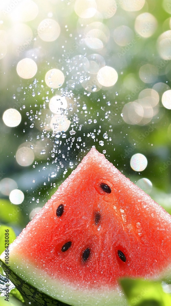 Poster a freshly cut slice of watermelon with a bright summer background highlighting refreshing seasonal f