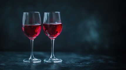 Naklejka premium Two glasses of red wine on dark background. Glass positioned in side of image, background comes with blank space