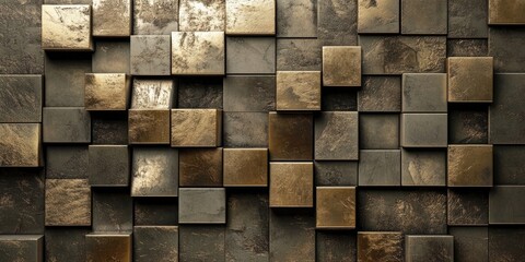 High resolution studio image featuring a metallic cubic background, showcasing the intricate details of the metallic texture and geometric cube shapes.