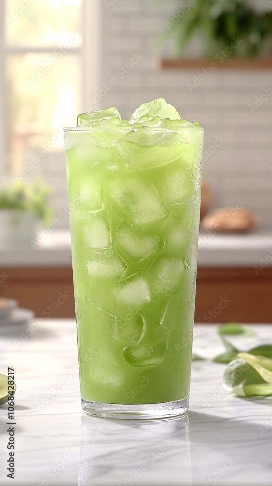 Poster a refreshing glass of iced matcha with coconut milk in a tall glass on a marble countertop represent