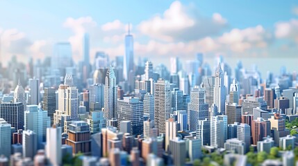 Obraz premium A beautiful cityscape with a focus on a few buildings in the foreground. The sky is blue and cloudy and the sun is shining.