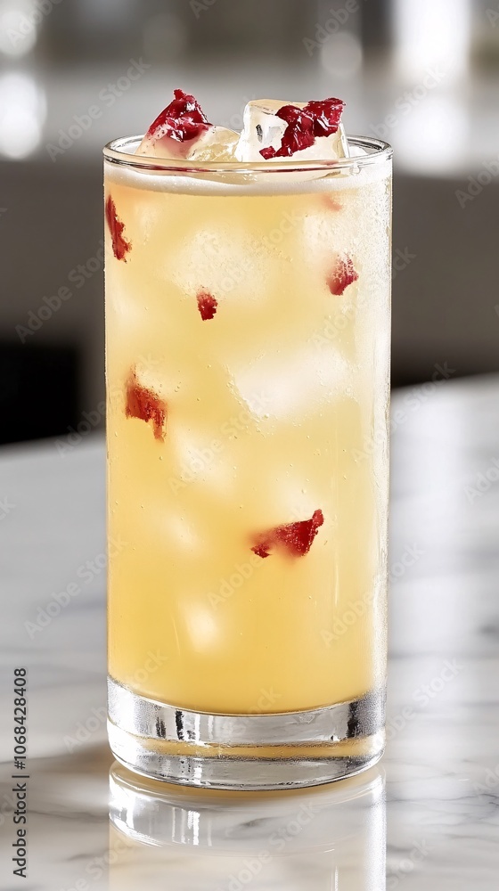 Poster a refreshing glass of iced matcha with coconut milk in a tall glass on a marble countertop represent
