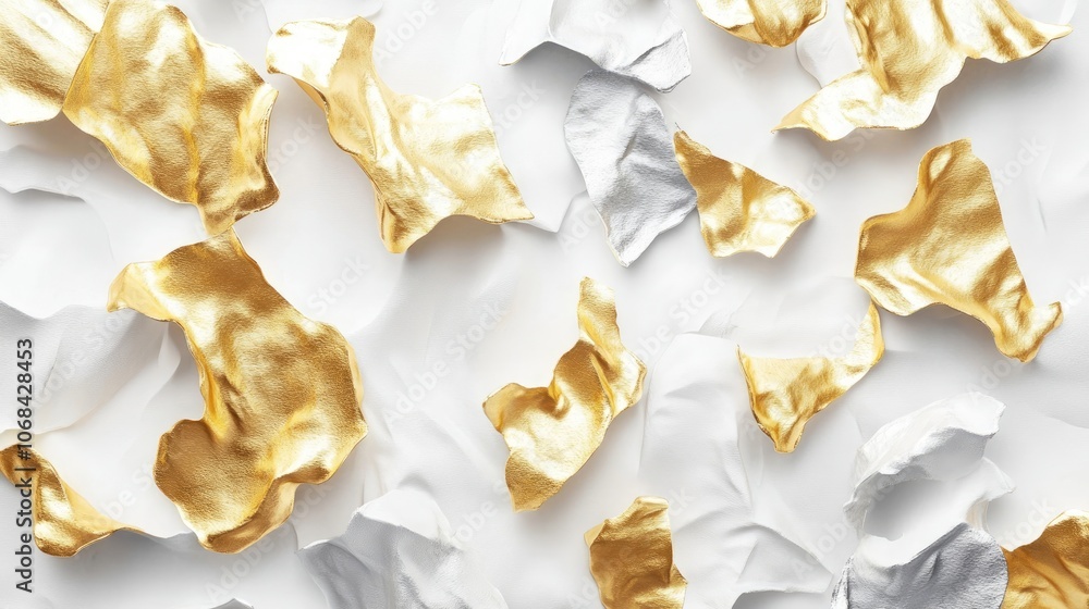 Poster gold and silver shapes create a striking contrast against a white background, offering a visually ap