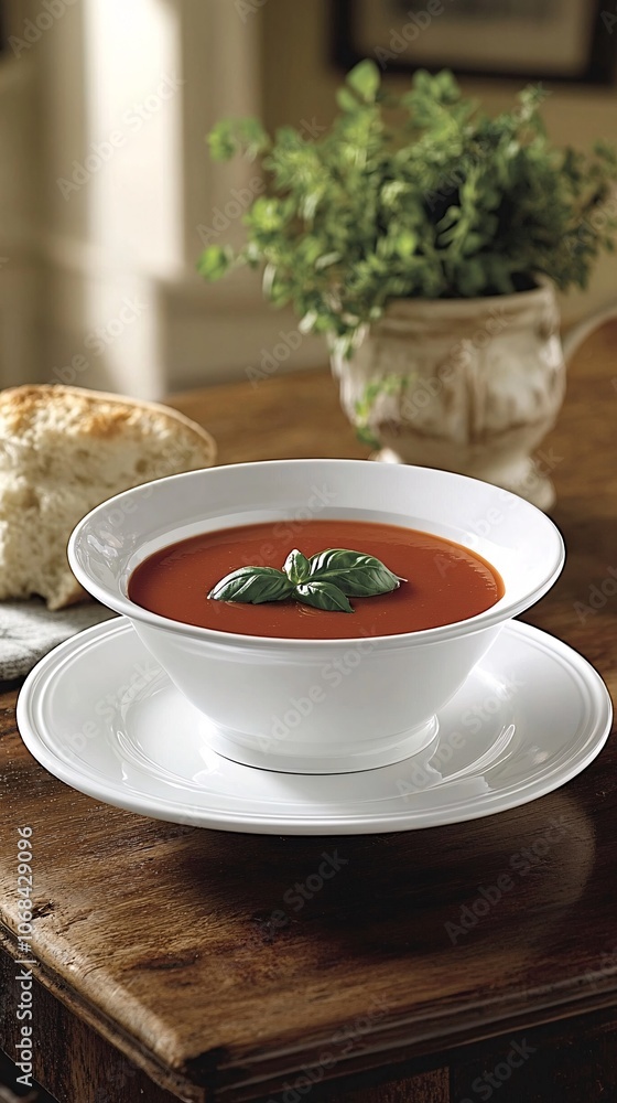 Aufkleber An inviting bowl of homemade tomato basil soup garnished with fresh herbs on a rustic table setting capturing warmth and comfort with side empty space for text Stockphoto style