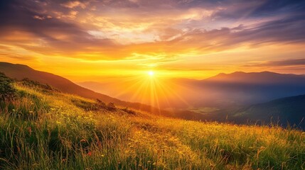 Obraz premium Beautiful summer sunrise panorama captures the essence of a serene morning. This captivating summer sunrise panorama makes for an ideal wallpaper with ample copy space.