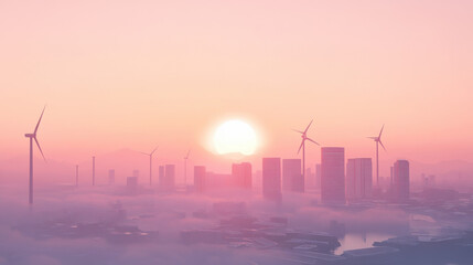 Naklejka premium A serene sunset over a city skyline adorned with wind turbines, casting a warm glow and emphasizing renewable energy in a misty atmosphere.