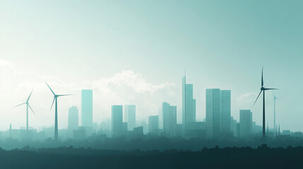 A serene city skyline featuring wind turbines, shrouded in mist, reflecting a blend of modernity and eco-friendliness.