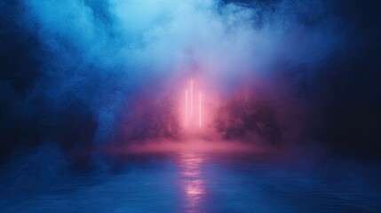 Mysterious atmosphere created by smoke and fog enveloping an empty floor against a dark blue and neon background. High-quality image with ample copy space for design use.