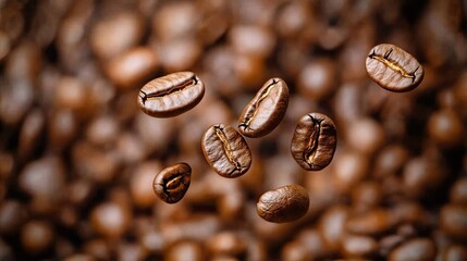 Fototapeta premium Close-up view of roasted coffee beans gracefully drifting in the air, highlighting the perfect blend of freshness and aroma. Enjoy the beauty of roasted coffee beans with ample copy space.