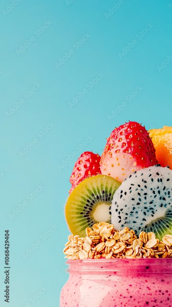 Poster A close-up of a smoothie in a mason jar topped with dragon fruit kiwi and granola against a light background capturing the appeal of fresh superfoods with side empty space for text Stockphoto style