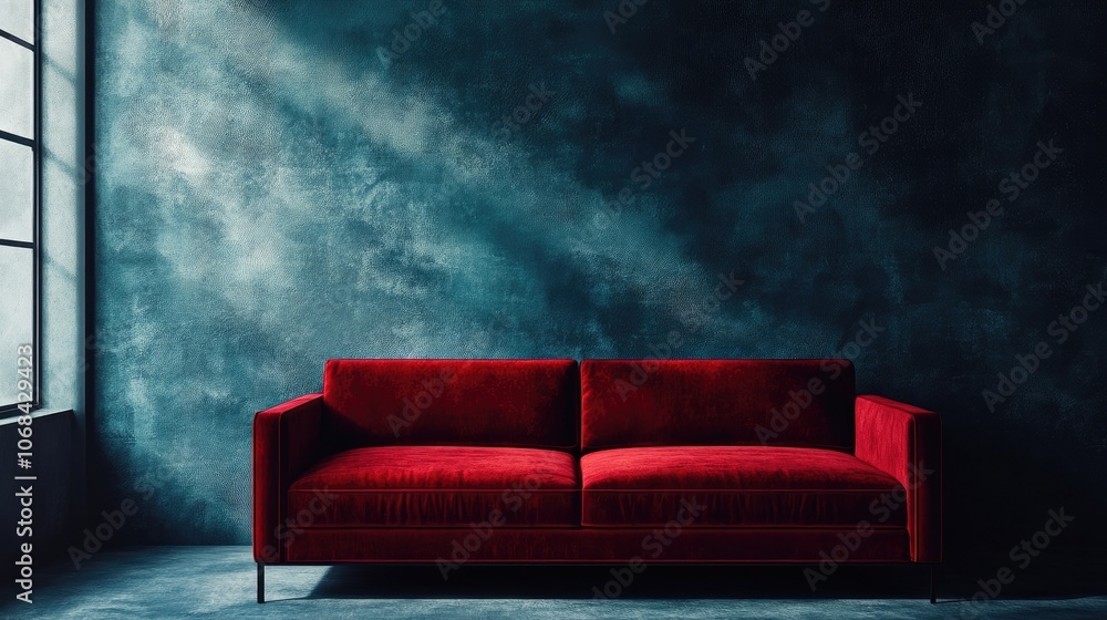 Poster dark red velvet sofa positioned in a modern art deco space, enhanced by cool tones, creating a strik