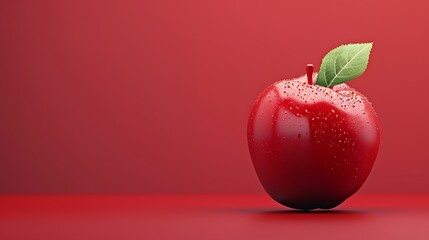 A glossy red apple with a green leaf on a red background. The apple is in focus and has a smooth, shiny surface.