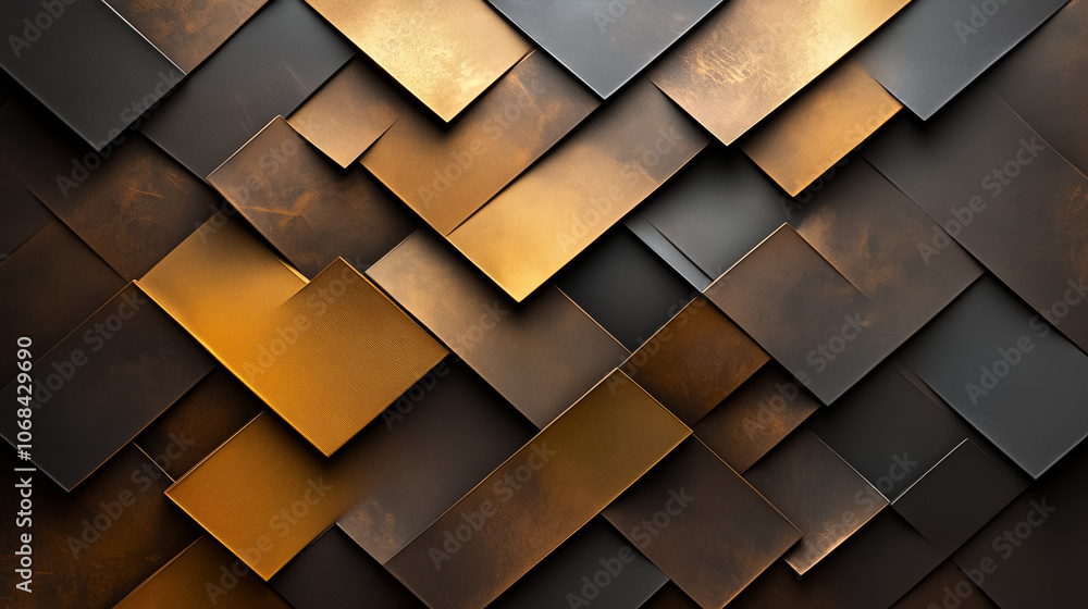 Poster overlapping metallic shapes form an intricate pattern in rich earthy tones, highlighting modern aest