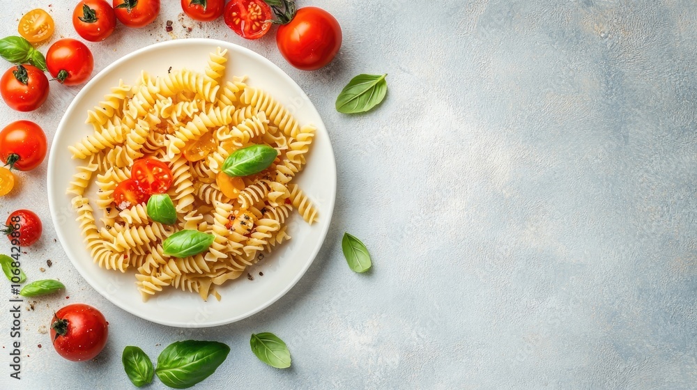Poster fusilli pasta arranged elegantly on a white plate, accompanied by fresh tomatoes and basil leaves, c