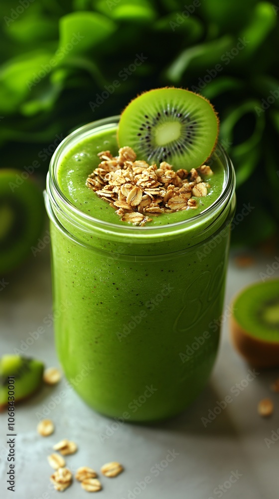Poster A close-up of a smoothie in a mason jar topped with dragon fruit kiwi and granola against a light background capturing the appeal of fresh superfoods with side empty space for text Stockphoto style