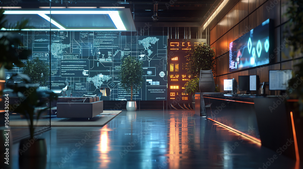 Poster software codes augmented reality display in futuristic modern office tech environment, cyber tech ba