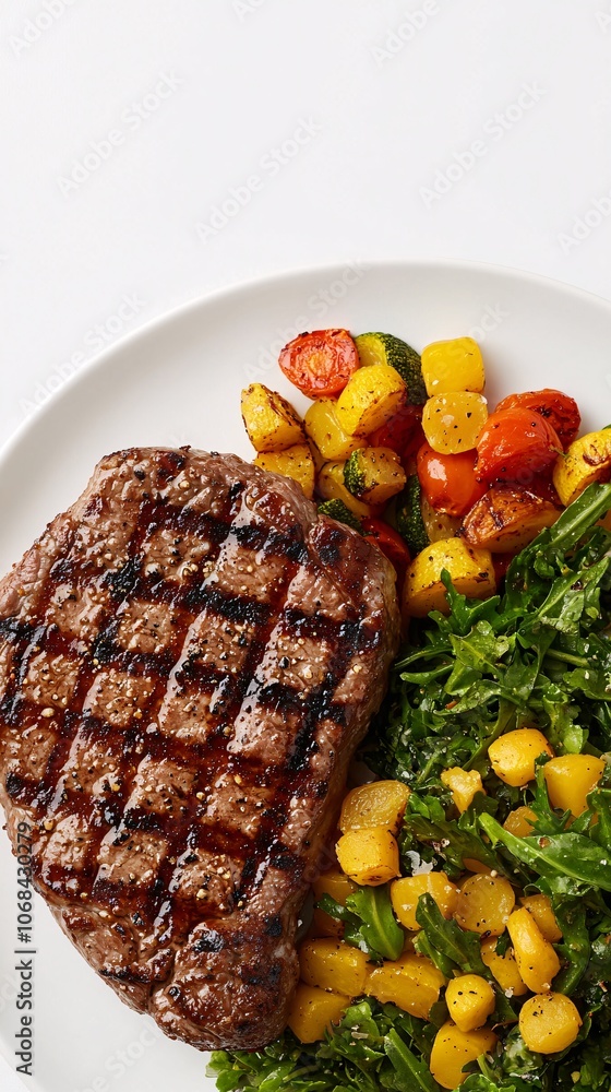 Poster a perfectly grilled plant-based steak with char marks served with roasted vegetables on a modern pla