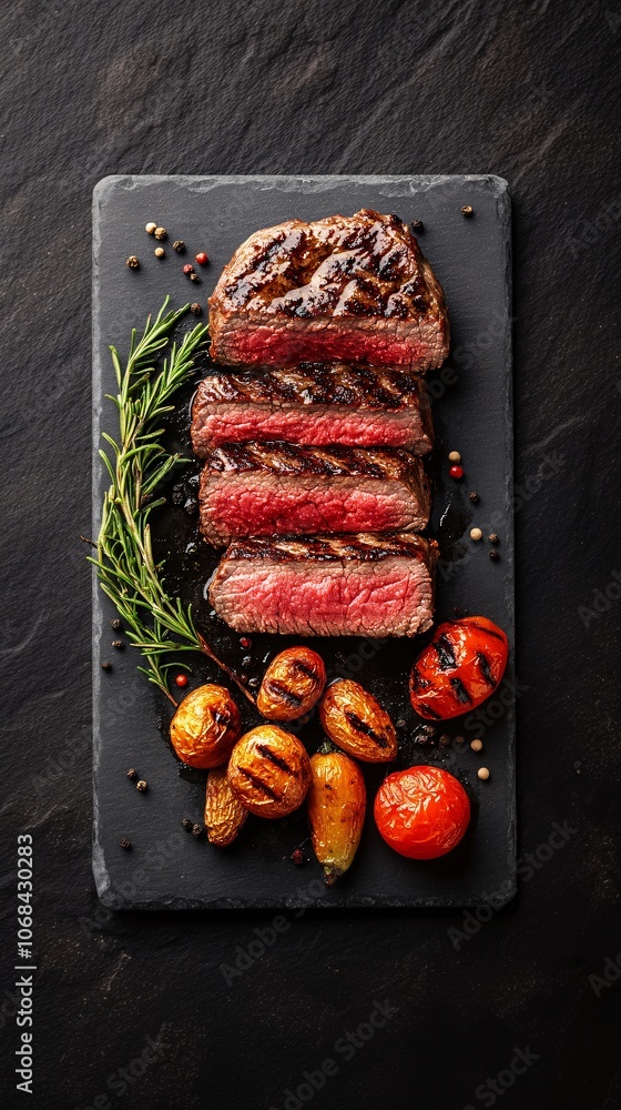 Aufkleber a perfectly grilled plant-based steak with char marks served with roasted vegetables on a modern pla