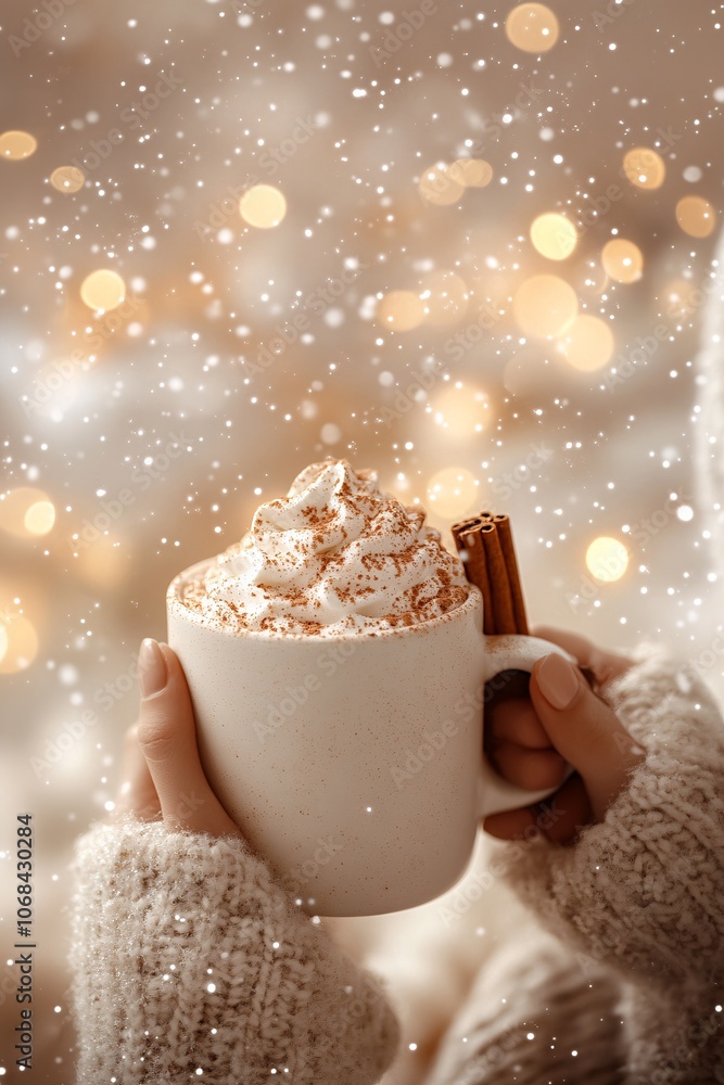 Poster Hands holding a warm mug of hot chocolate topped with whipped cream and cinnamon in a cozy winter setting creating a seasonal drink atmosphere with side empty space for text Stockphoto style