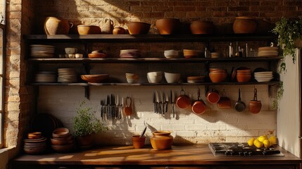 Obraz premium Cozy Rustic Kitchen with Open Wooden Shelves