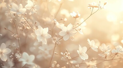 Delicate white flowers arranged in gentle light courses create a soft pastel tone against a blurred backdrop. This floral panorama offers a dreamy, tranquil aesthetic with ample space for text.