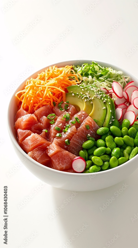 Poster a bright and colorful poke bowl with tuna avocado edamame and radish on a light background capturing