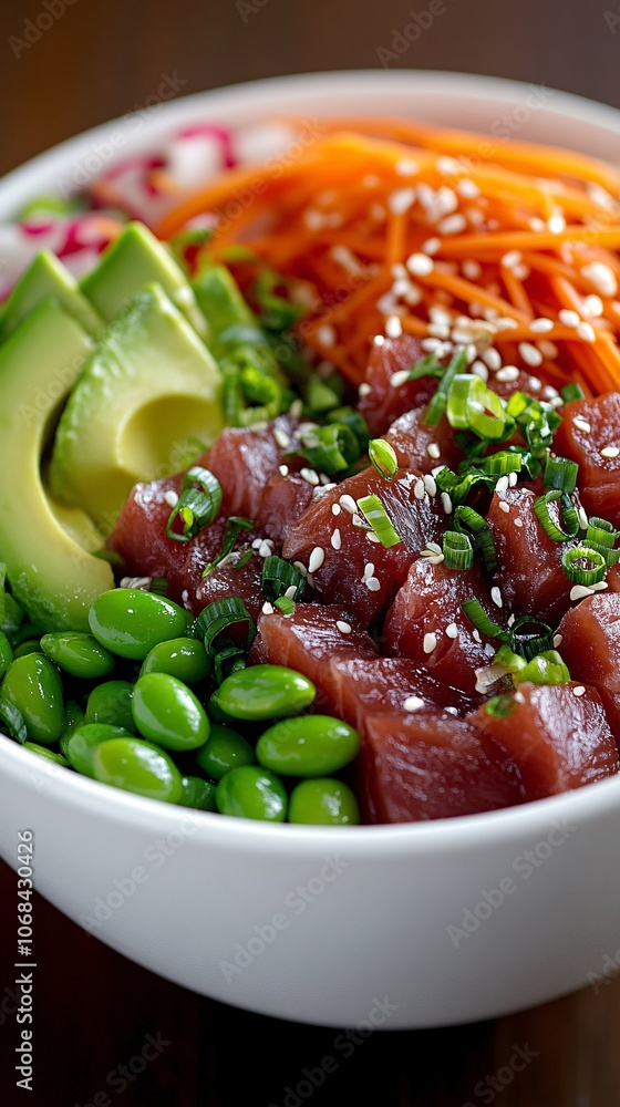 Poster a bright and colorful poke bowl with tuna avocado edamame and radish on a light background capturing