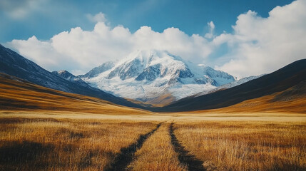 Mountain landscape with snow-capped peaks, clear skies, and a vast open meadow in the foreground for copy space.