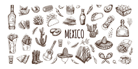Hand-drawn set of realistic mexican elements. Vintage sketch drawings of Latin American culture. Vector ink illustration. Mexican culture. Latin America.